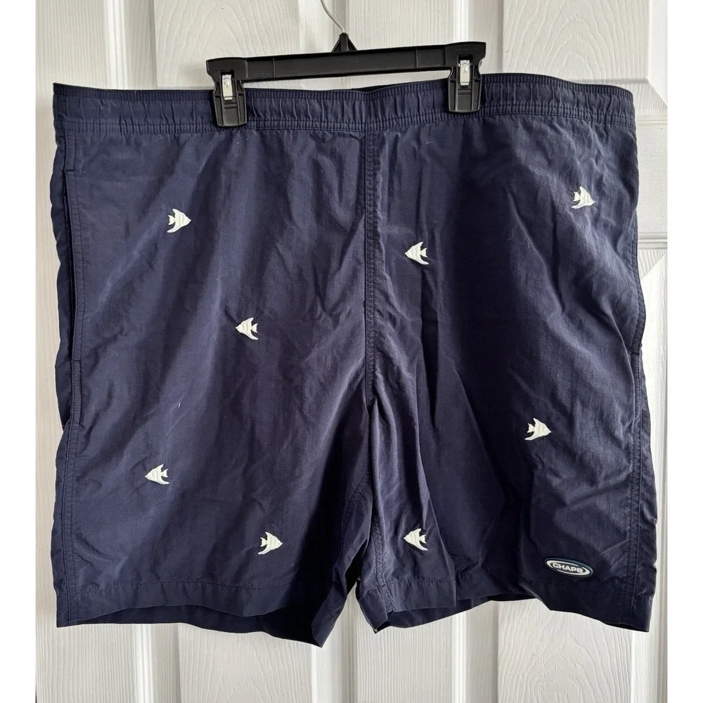 Chaps Men's Navy Blue Lined Swimming Trunks Size‎ L (42x6) Tropical Fish Embr